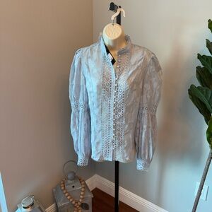 Fashion Nova Sheer Lace Blouse in Light Gray